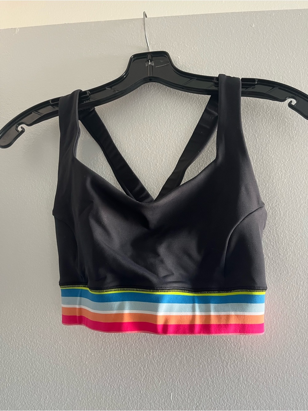 Black Strappy Sports Bra with Multicolor Stripe Band